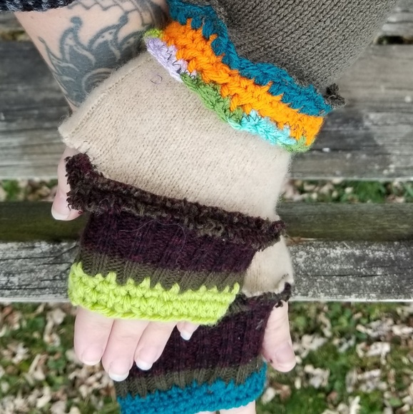 Boho Patchwork Fingerless Gloves Upcycled - Picture 1 of 4